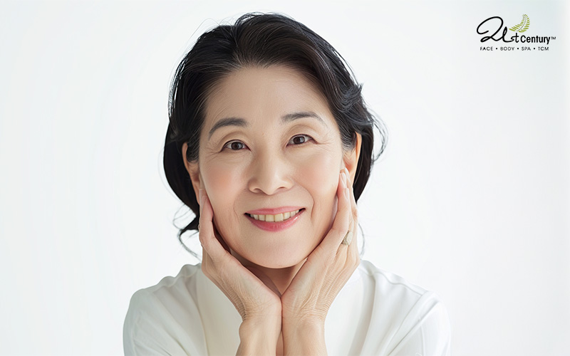 Mature woman showing healthy skin after a targeted facial.