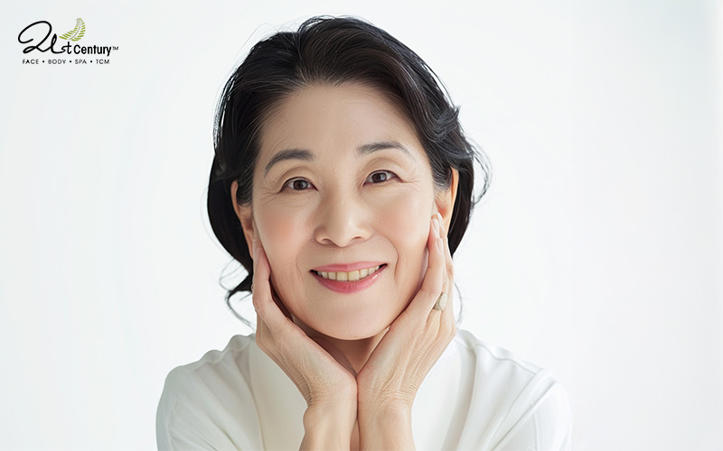 Mature woman showing healthy skin after a targeted facial.