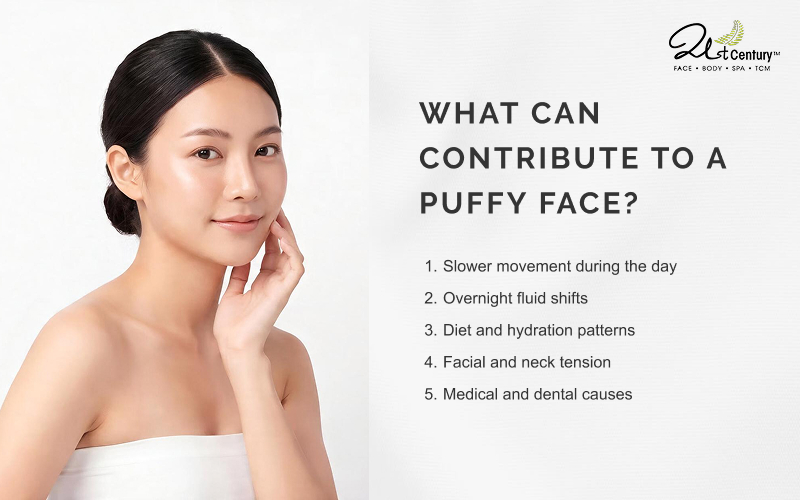 Asian woman touching face alongside listed causes of facial puffiness.